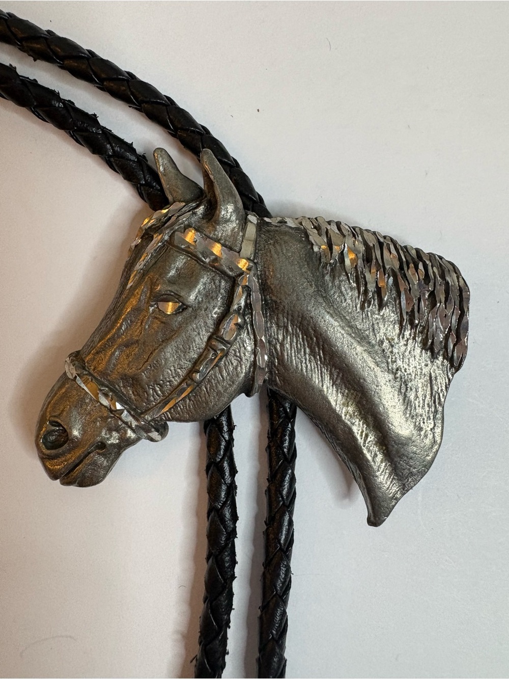 Bolo Tie Vintage Ege Horse Head Silver Tone Leather Band Cowgirl Cowboy Western